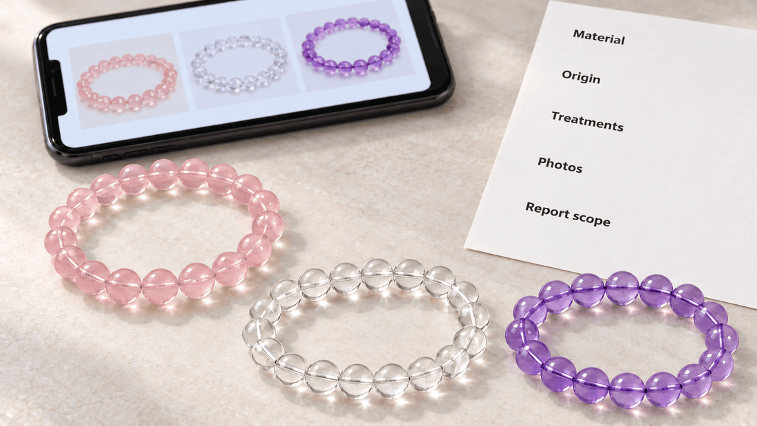 Illustration for a guide to real crystal bracelets: rose quartz, clear quartz and amethyst strands beside product photos