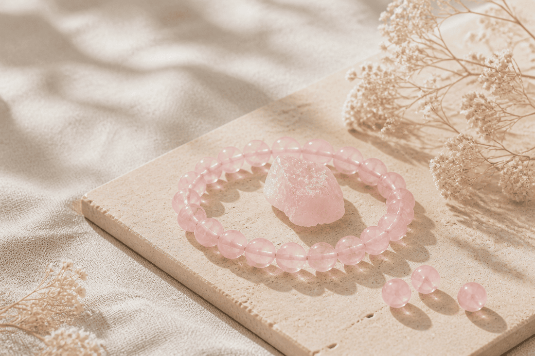 Rose quartz bracelet with natural rough rose quartz and loose beads in warm sunlight
