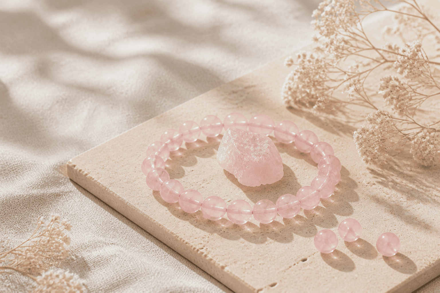 Rose quartz bracelet with natural rough rose quartz and loose beads in warm sunlight