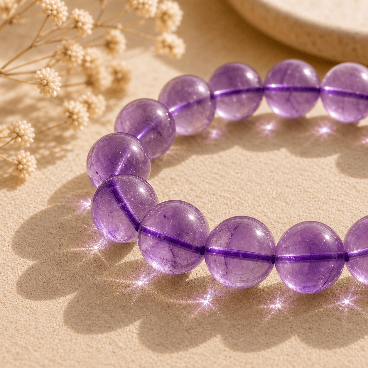Close-up of an amethyst crystal bracelet with large polished purple beads