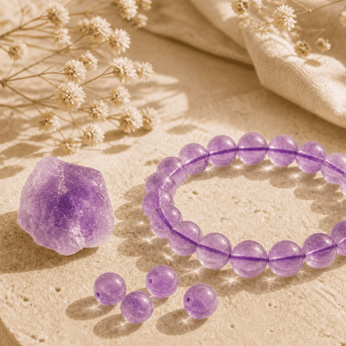 Amethyst crystal bracelet with loose beads and a raw crystal stone on a neutral background
