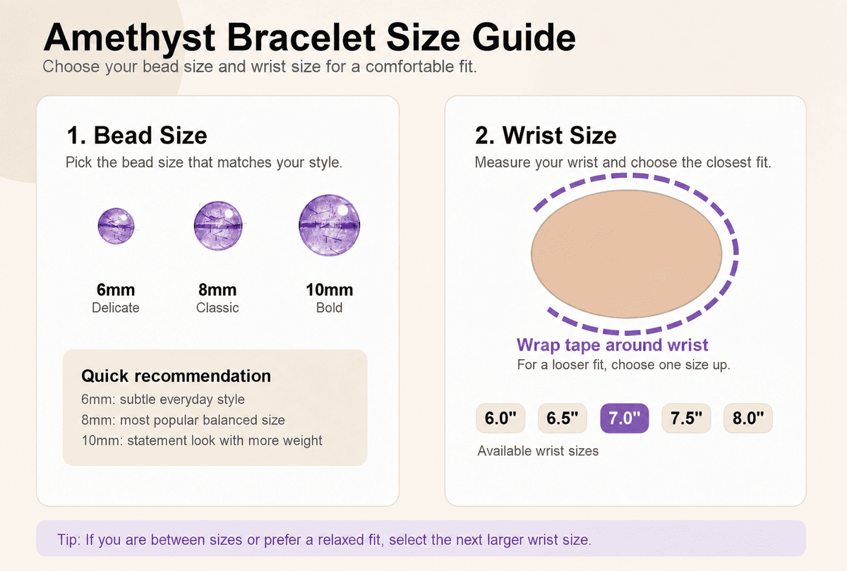 Amethyst crystal bracelet size guide for crystal bead bracelets with 6mm, 8mm and 10mm beads