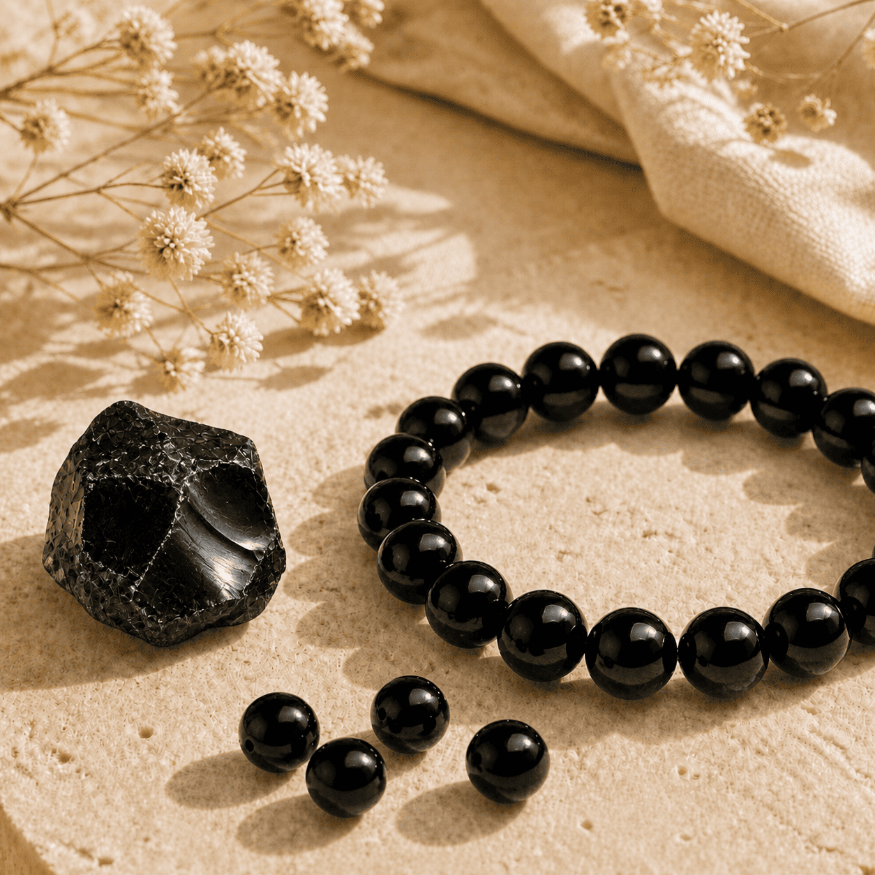 Black obsidian bracelet with a natural obsidian stone and loose polished beads in warm sunlight