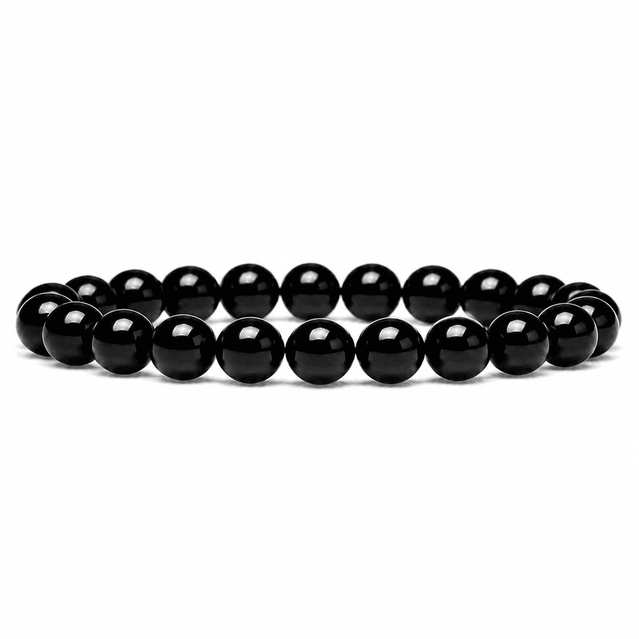 Black obsidian bracelet with glossy polished round beads displayed on a clean white background