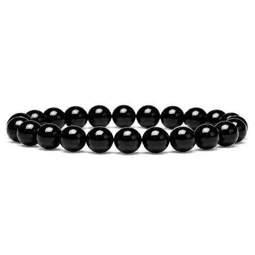 Black obsidian bracelet with glossy polished round beads displayed on a clean white background