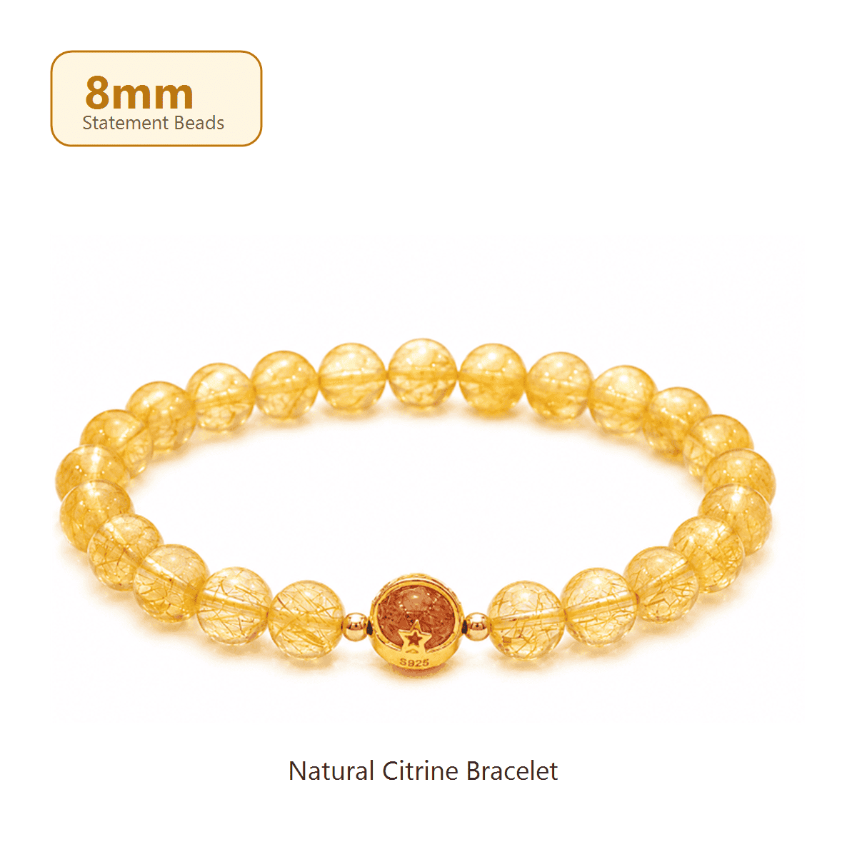 8mm Citrine Bracelet with statement golden beads, a bold crystal bracelet for women