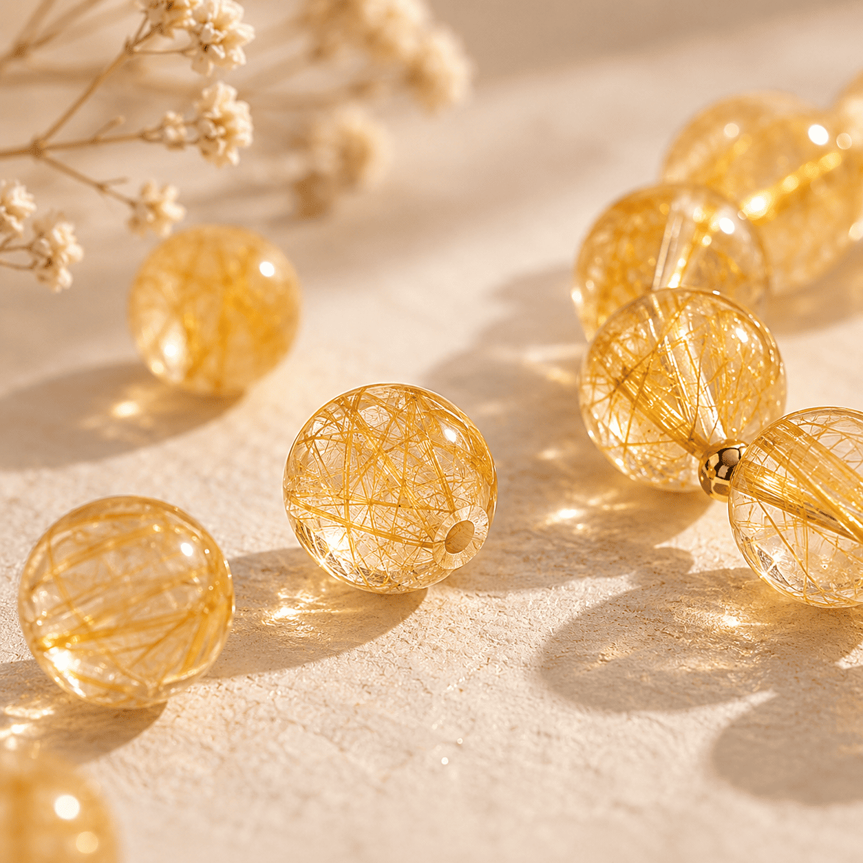 Close-up of Citrine Bracelet beads with golden rutilated inclusions, a radiant crystal bracelet for women