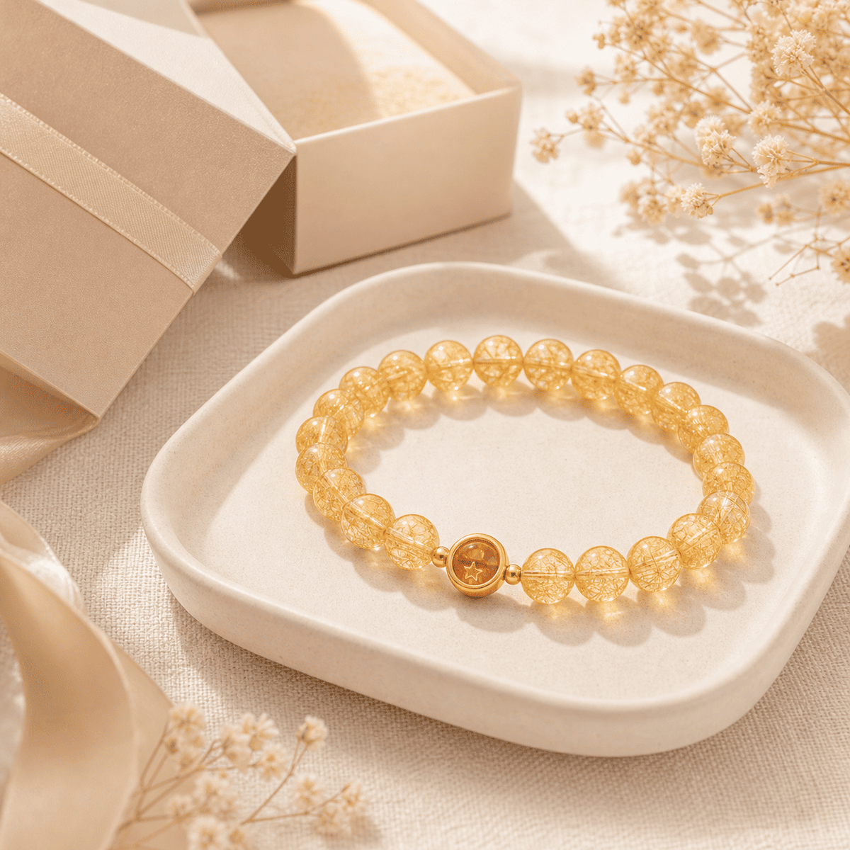 Citrine Bracelet displayed in a warm gift scene with a jewelry tray and flowers, a thoughtful crystal bracelet for women