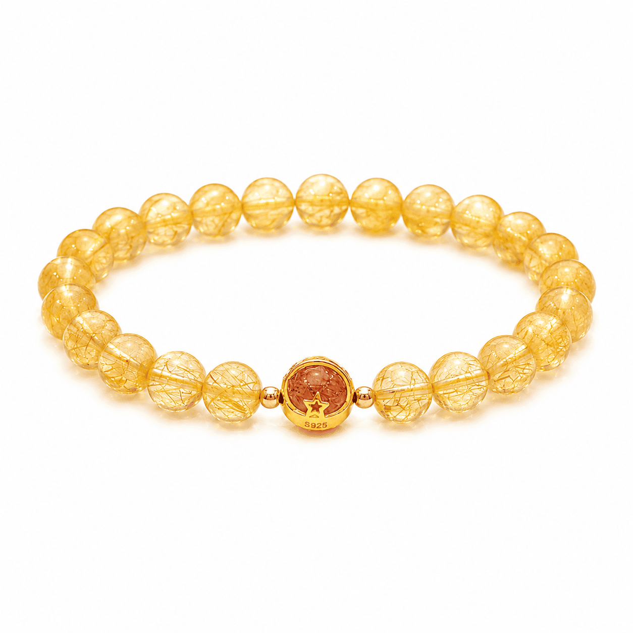Citrine Bracelet with golden rutilated crystal beads, an elegant crystal bracelet for women on a white background