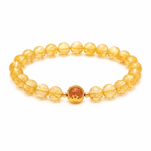 Citrine Bracelet with golden rutilated crystal beads, an elegant crystal bracelet for women on a white background