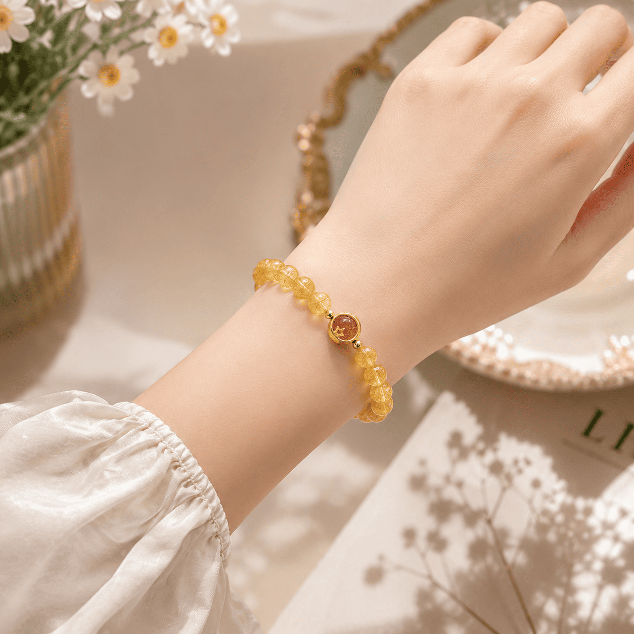Citrine Bracelet worn on the wrist, a warm golden crystal bracelet for women for everyday style