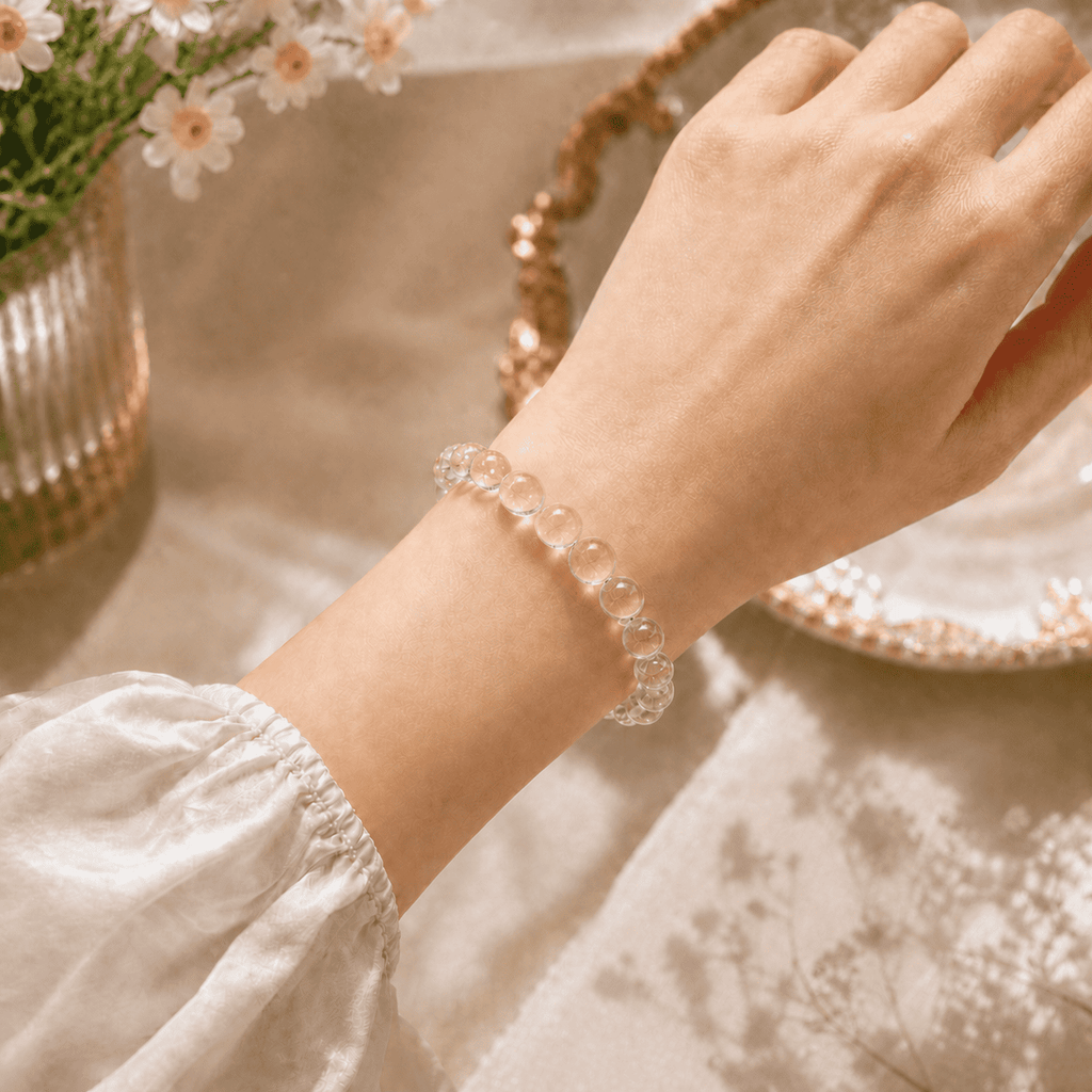 Clear crystal bracelet for women worn on the wrist with polished transparent round beads