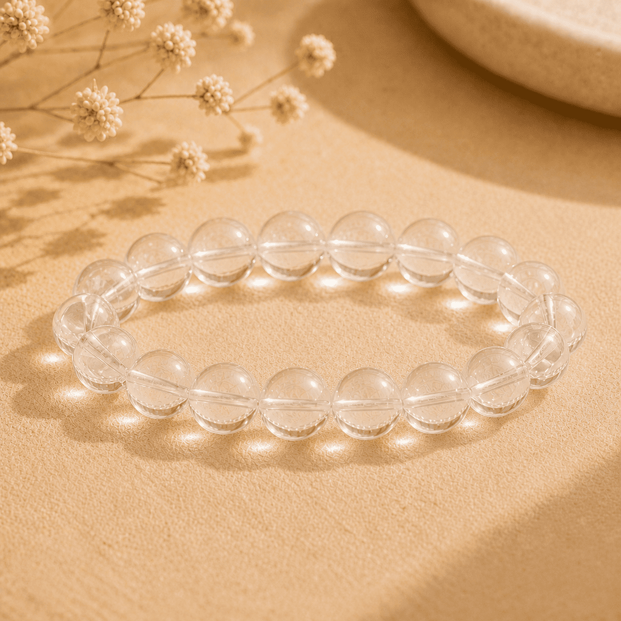 Natural clear quartz bracelet with large polished transparent round beads on neutral fabric