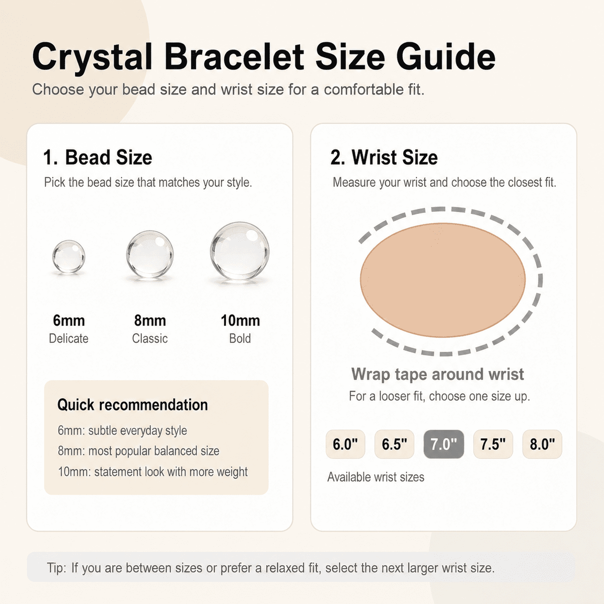 Clear quartz bracelet size guide showing 6mm, 8mm and 10mm beads with wrist sizes from 6 to 8 inches