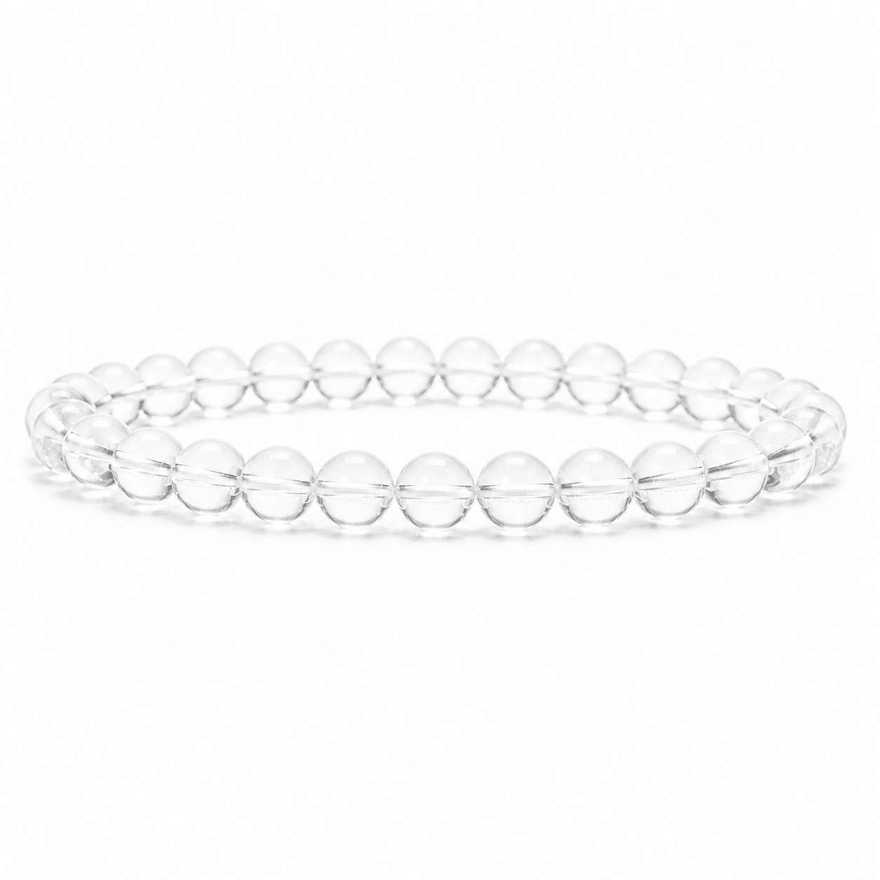 Clear quartz bracelet with transparent polished round beads centered on a clean white background