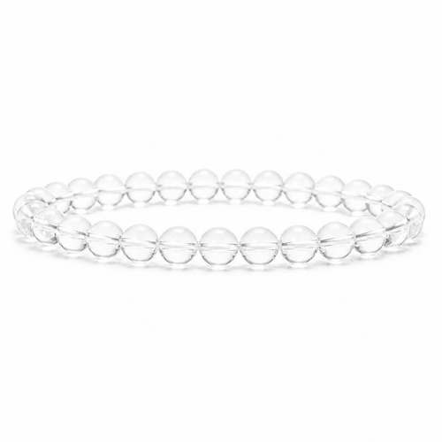 Clear quartz bracelet with transparent polished round beads centered on a clean white background