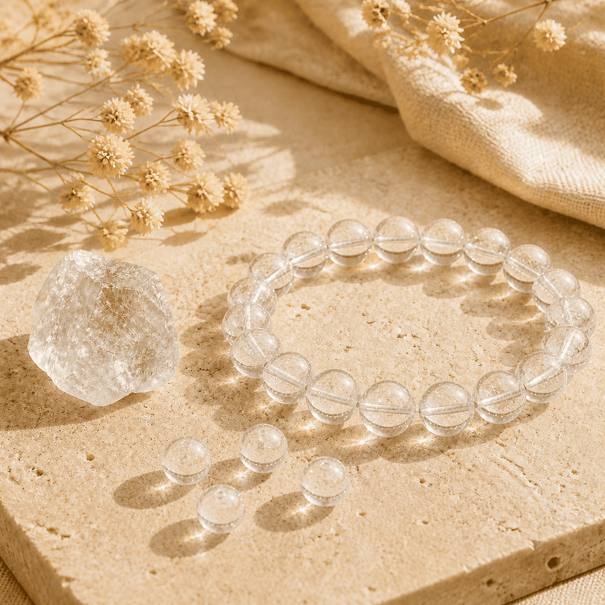 Clear quartz crystal bracelet displayed with a raw quartz stone and loose transparent round beads