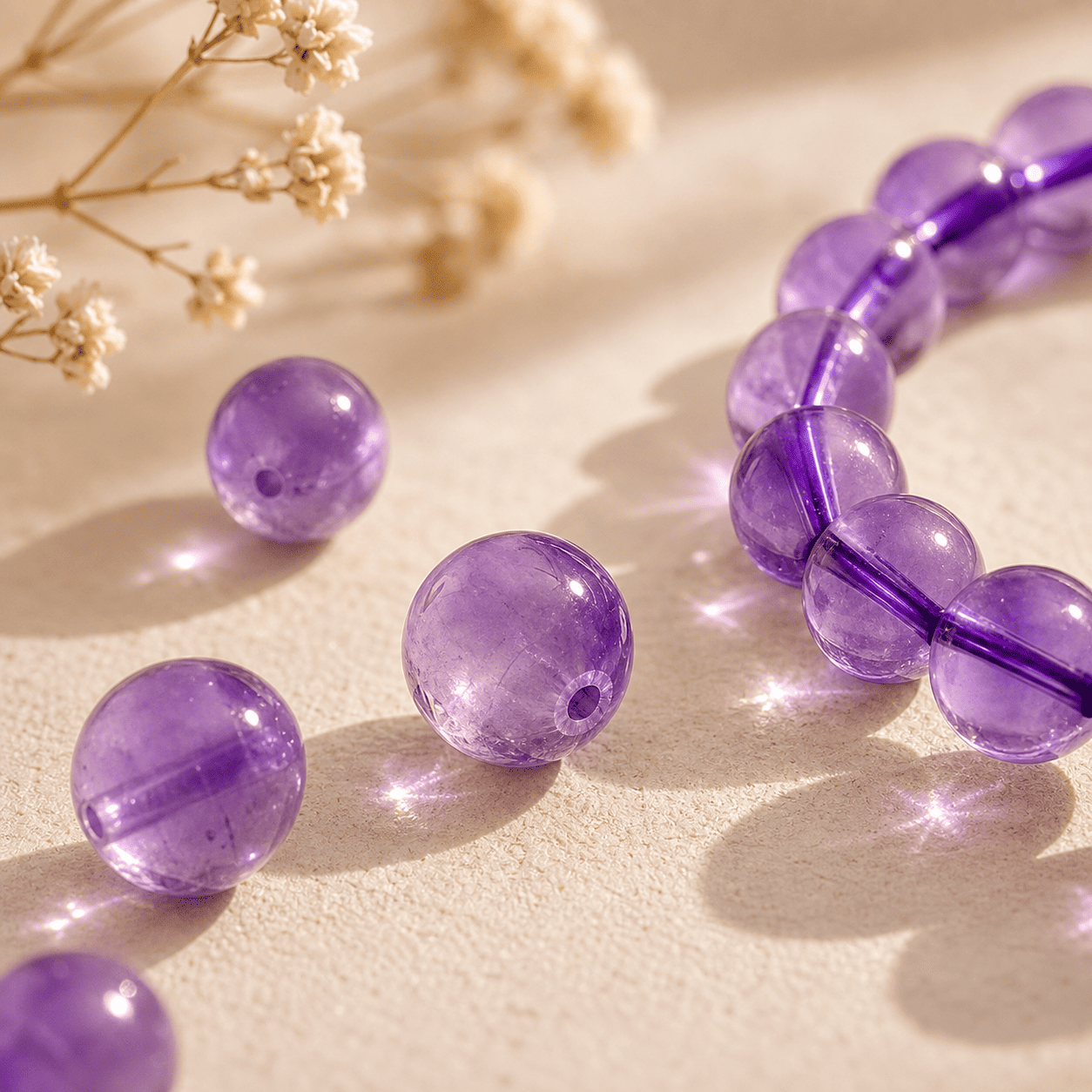 Close-up of polished purple amethyst beads for a crystal bracelet