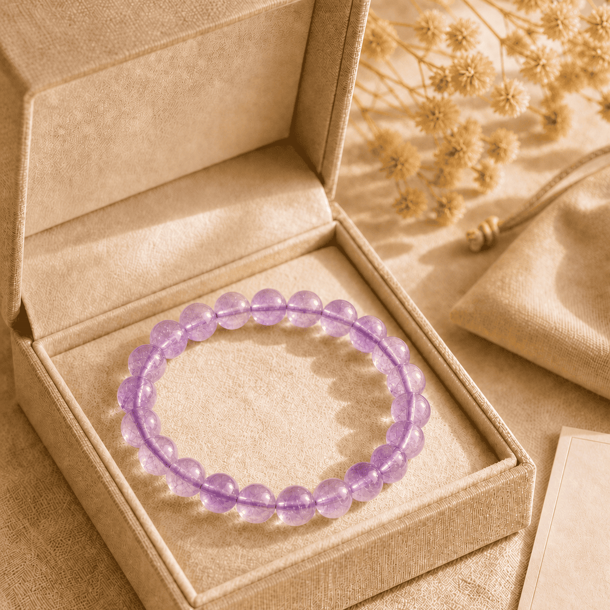 Amethyst crystal bracelet for women presented in a beige gift box with a matching pouch