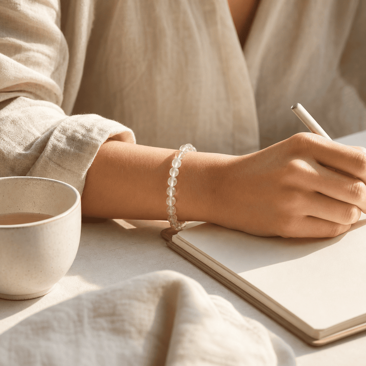 Clear crystal bracelet worn while writing in a journal beside a cup of tea