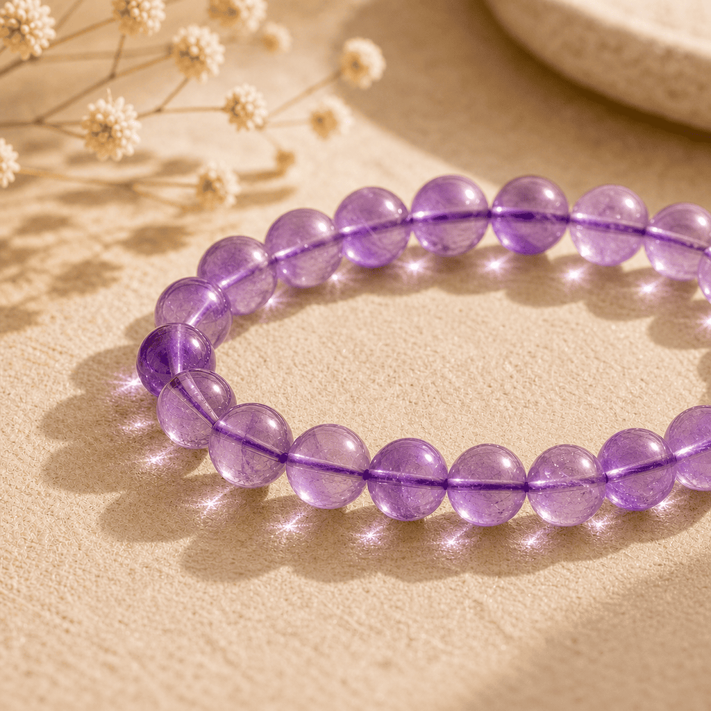 Round-bead amethyst crystal bracelet styled in sunlight