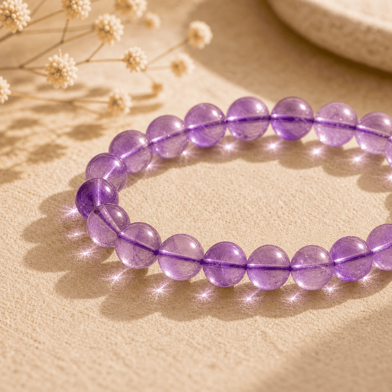 Round-bead amethyst crystal bracelet styled in sunlight