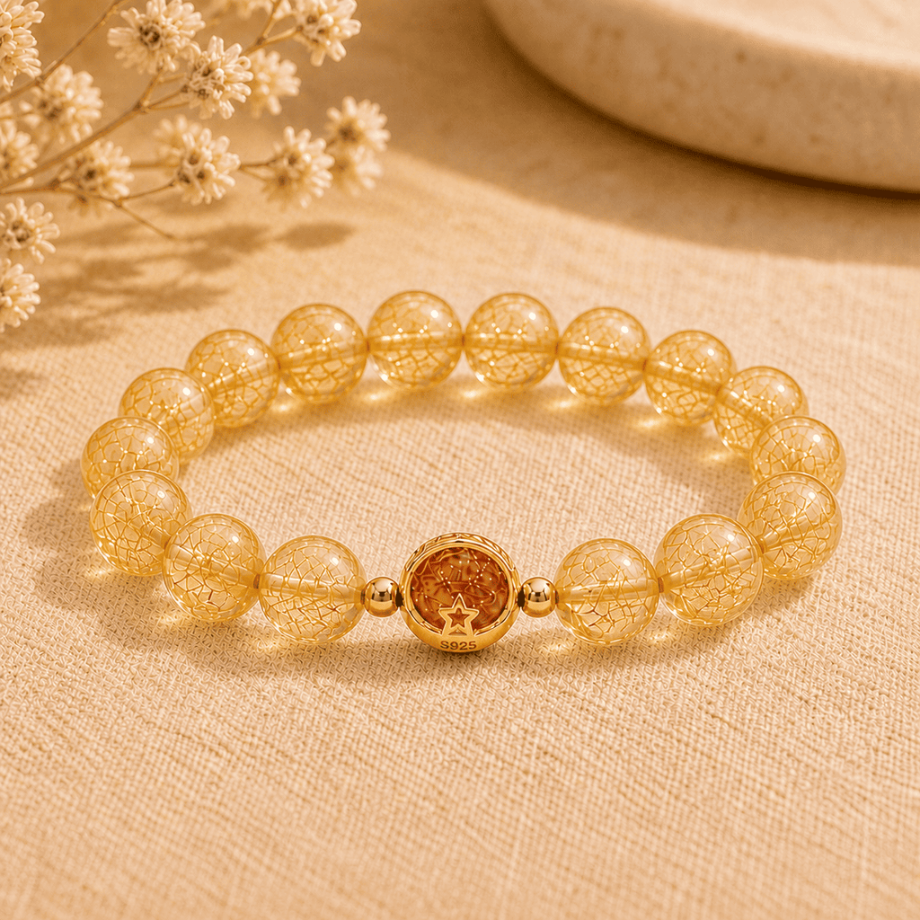 Golden rutilated quartz bracelet with large transparent round beads and a gold-tone S925 star charm