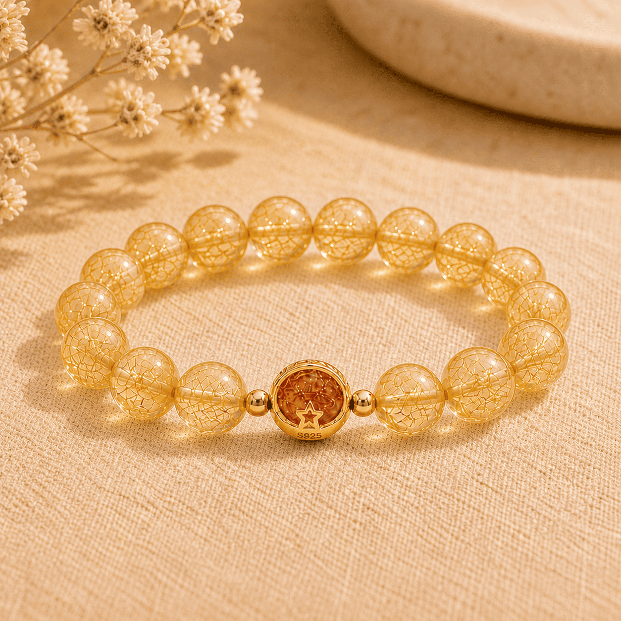 Golden rutilated quartz bracelet with large transparent round beads and a gold-tone S925 star charm