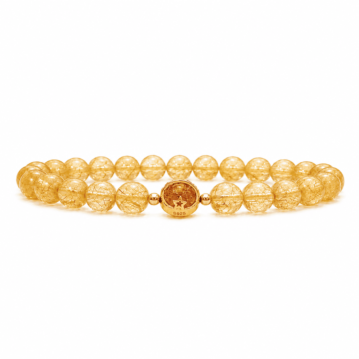 Golden rutilated quartz bracelet with gold needle inclusions and an S925 star charm on a white background