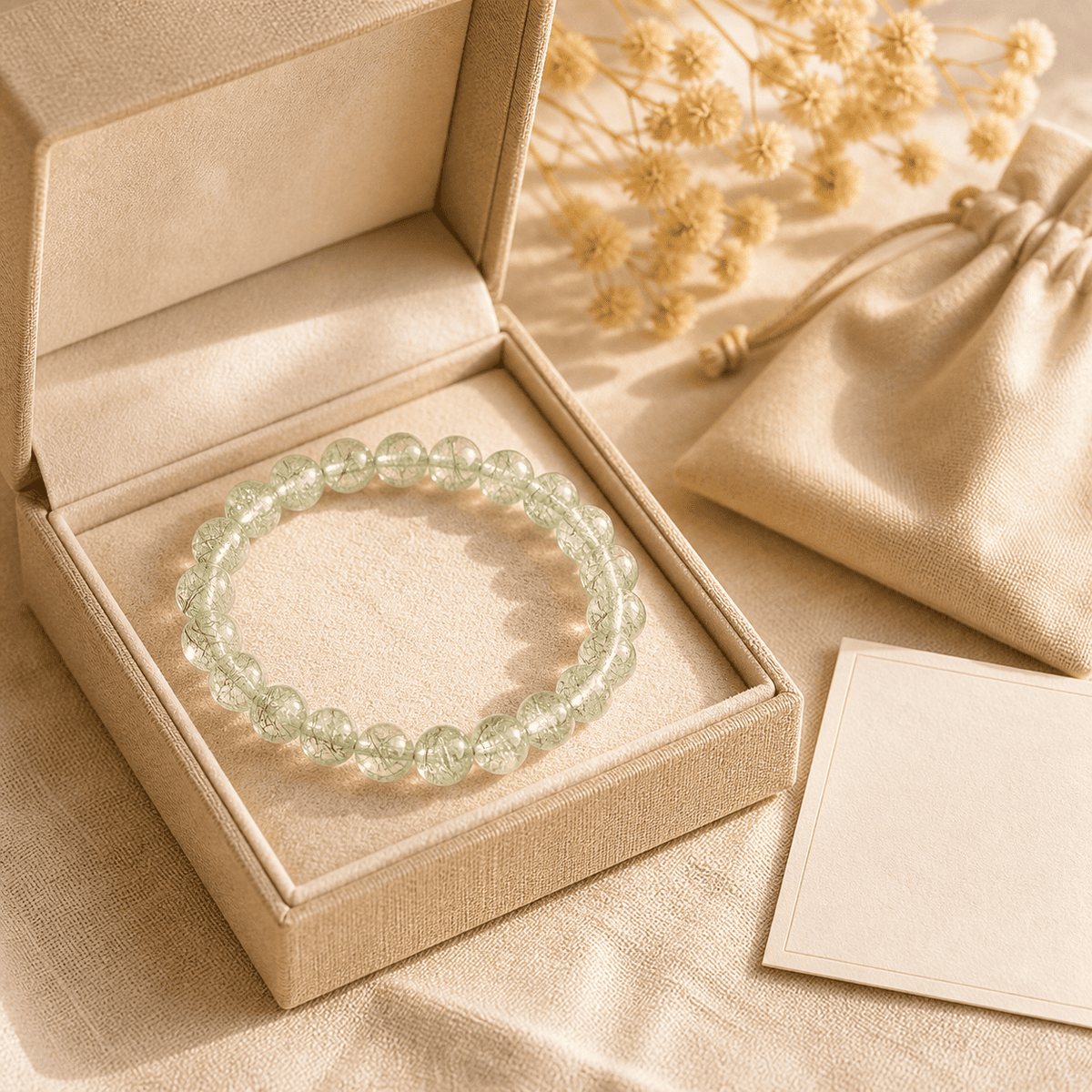 Green crystal bead bracelet presented in a gift box with soft fabric pouch, ideal for real crystal bracelets product display