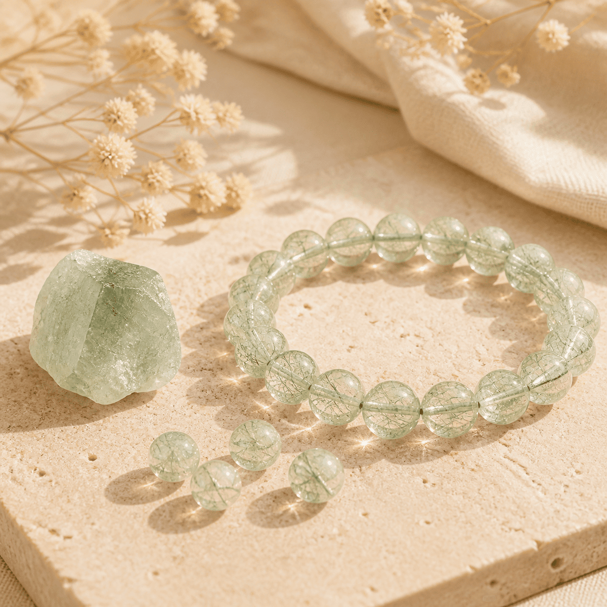 Green healing bracelet made with crystal beads beside raw Natural Crystals in a bright close-up product photo
