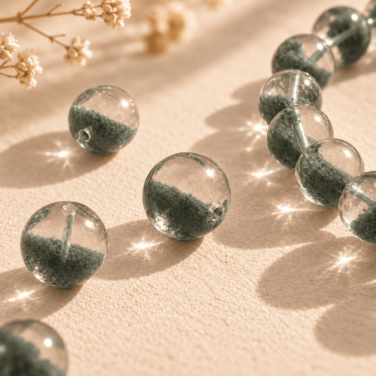 Close-up of green phantom quartz beads showing clear upper sections, dense green inclusions and drilled holes
