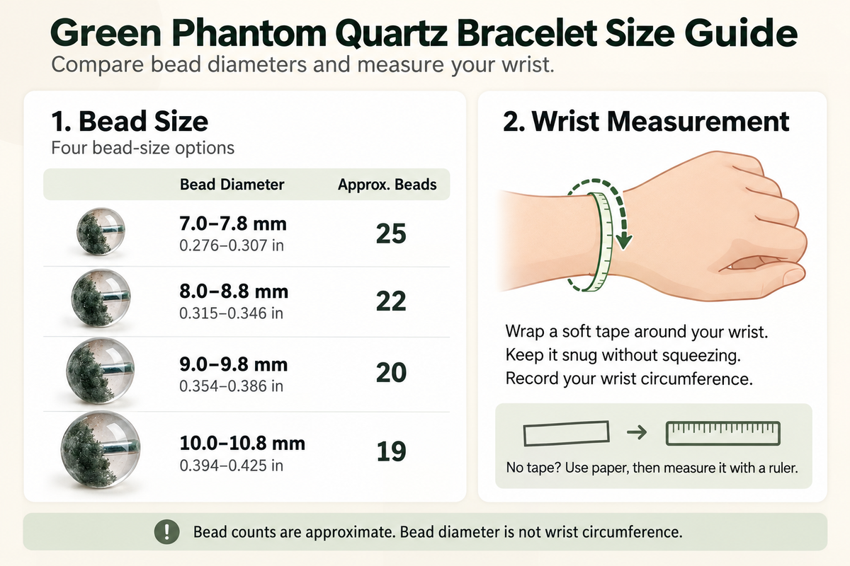 Green phantom crystal bracelet size guide with four bead sizes from 7.0 to 10.8 mm and wrist measurement using tape or paper