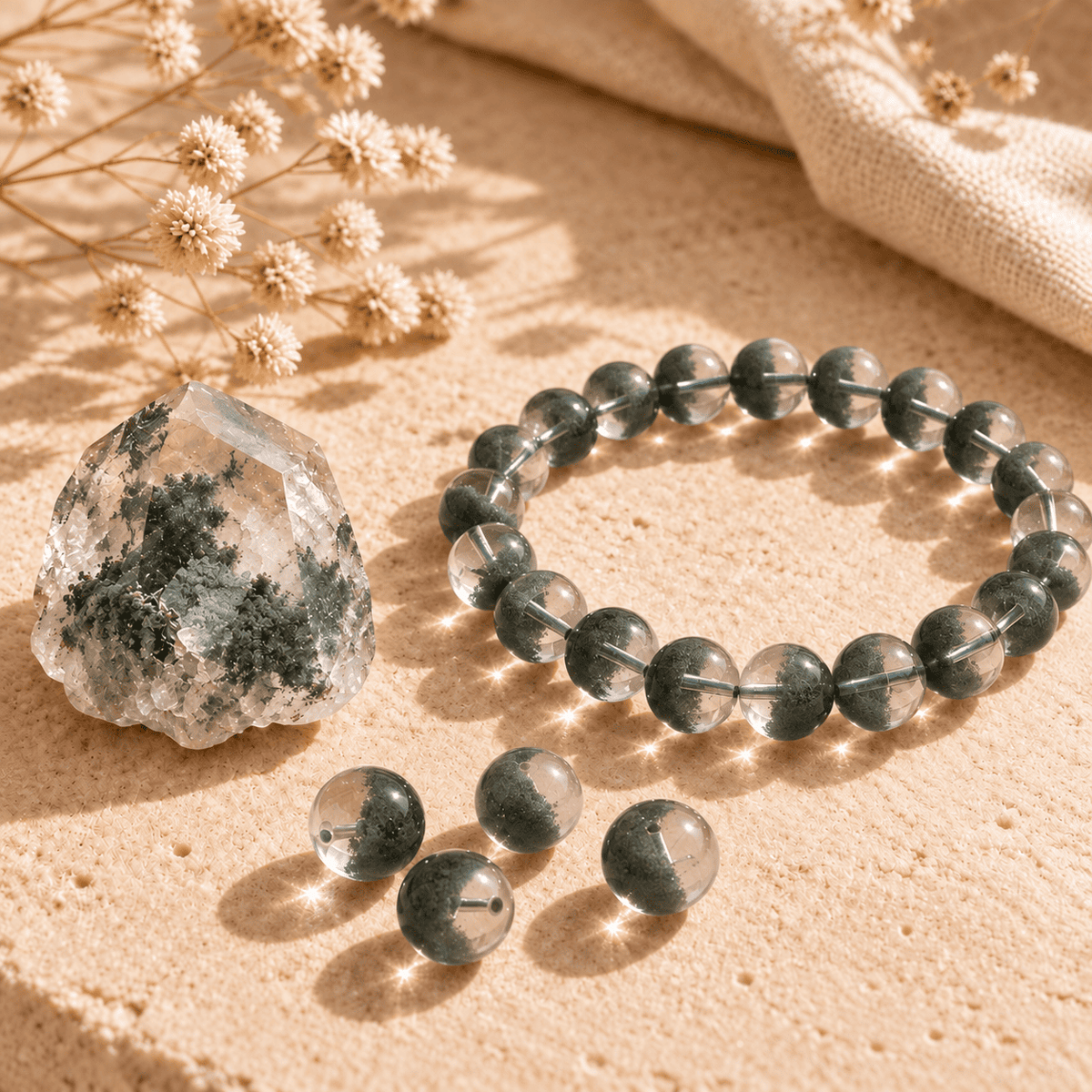Green phantom quartz bracelet displayed beside a crystal point and four loose beads with dark-green inclusions