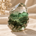Green phantom quartz crystal point with layered green inclusions beneath a transparent upper section