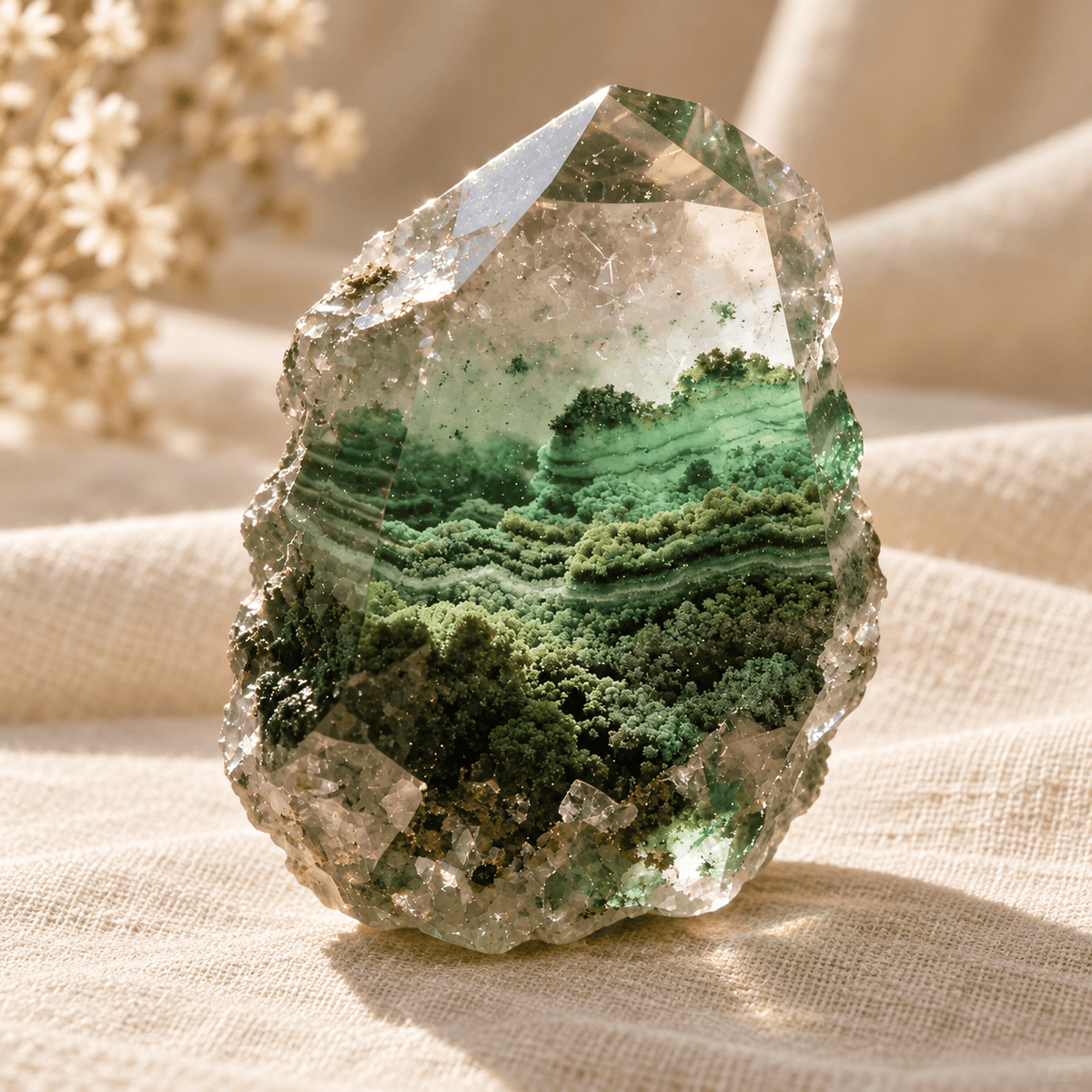 Green phantom quartz crystal point with layered green inclusions beneath a transparent upper section