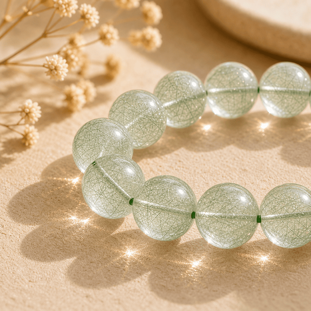Macro detail of a Green Rutilated Quartz bracelet with translucent beads and natural green crystal textures