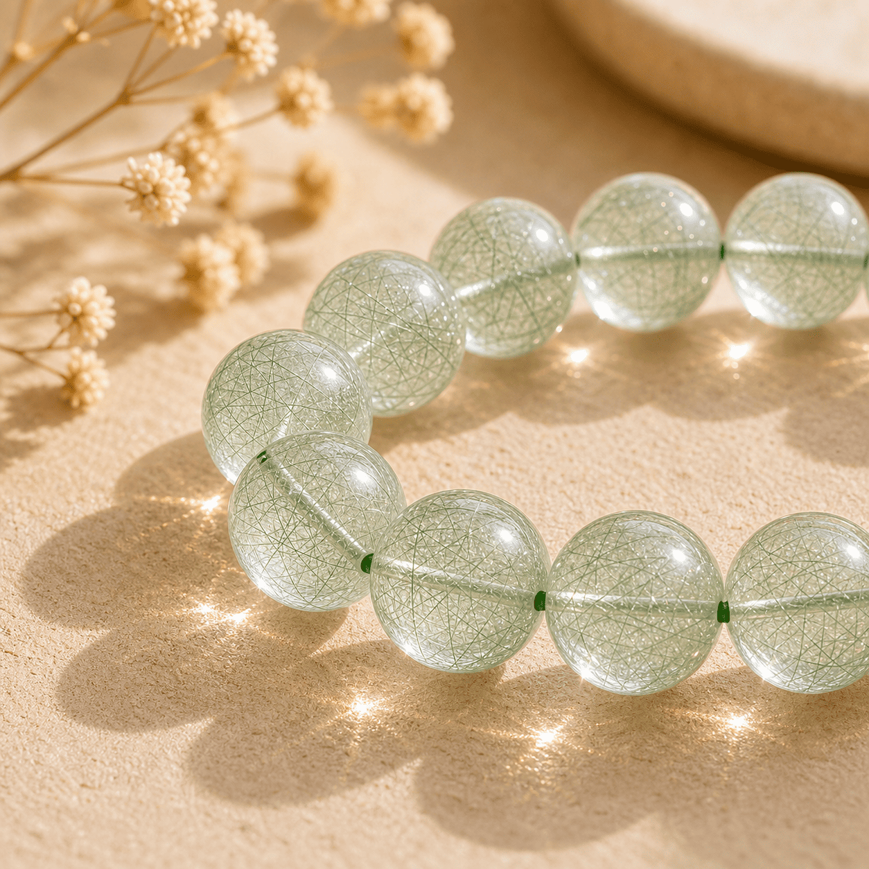 Macro detail of a Green Rutilated Quartz bracelet with translucent beads and natural green crystal textures