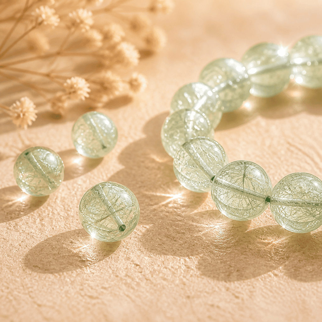Green Rutilated Quartz loose bead detail with sparkling natural crystal inclusions beside the bracelet