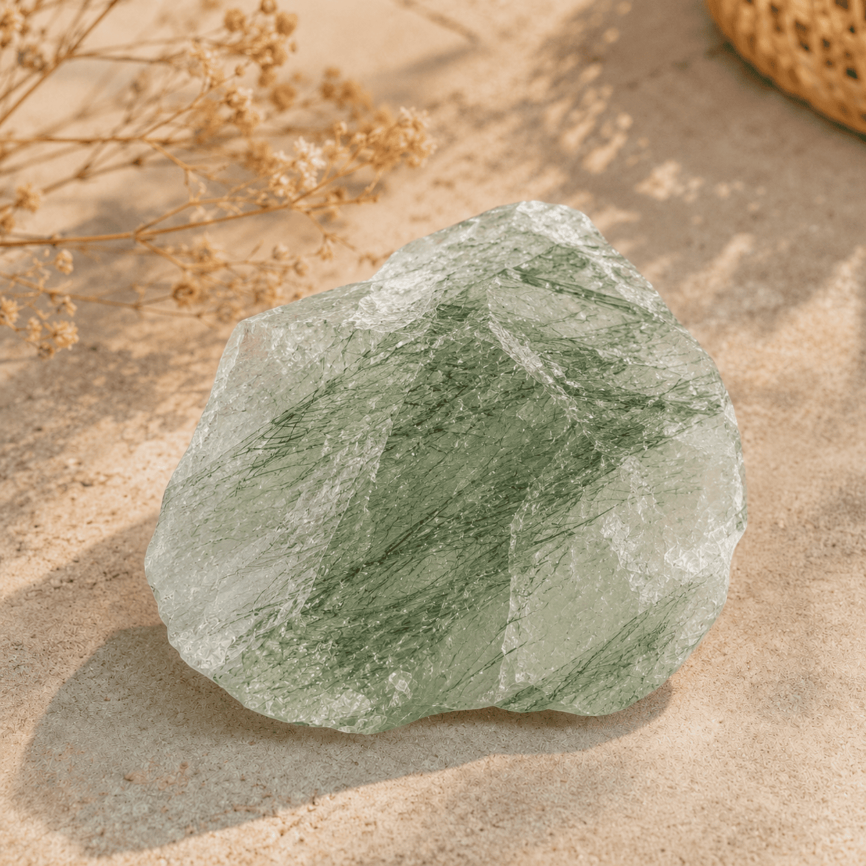 Green Rutilated Quartz raw stone showing the natural crystals inspiration behind this Green Crystal Bracelet
