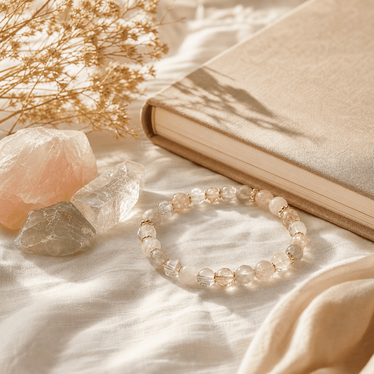 Healing stones bracelet with natural crystals rose quartz and clear quartz on soft fabric