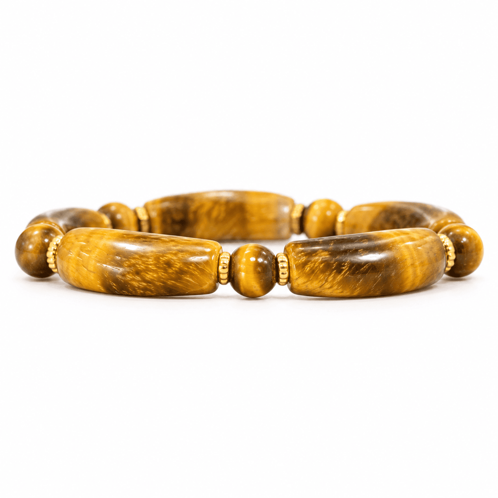 Men's tiger eye bracelet with curved stone beads, round beads and gold-tone spacers on a white background