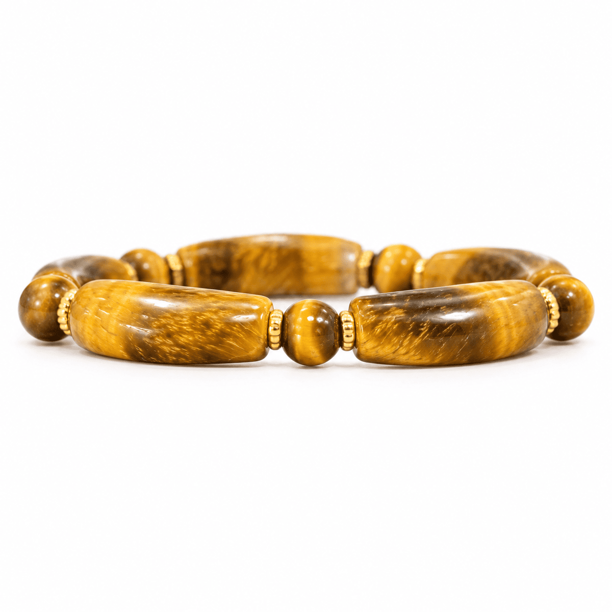 Men's tiger eye bracelet with curved stone beads, round beads and gold-tone spacers on a white background