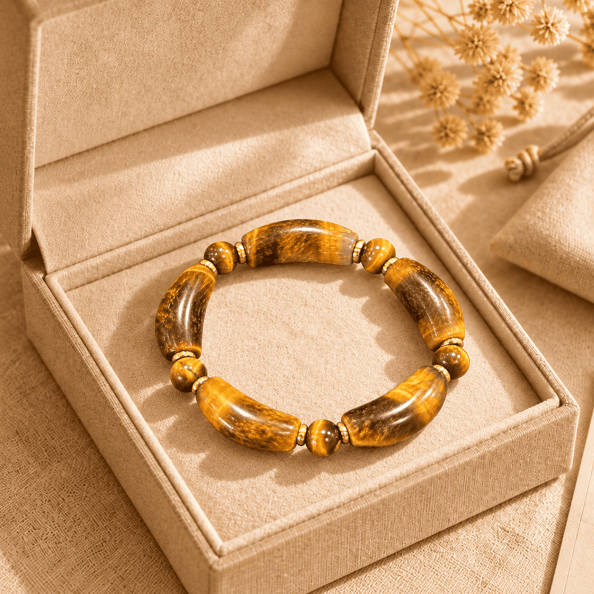 Men's tiger eye bracelet with curved golden-brown beads, round beads and gold-tone spacers in an open gift box