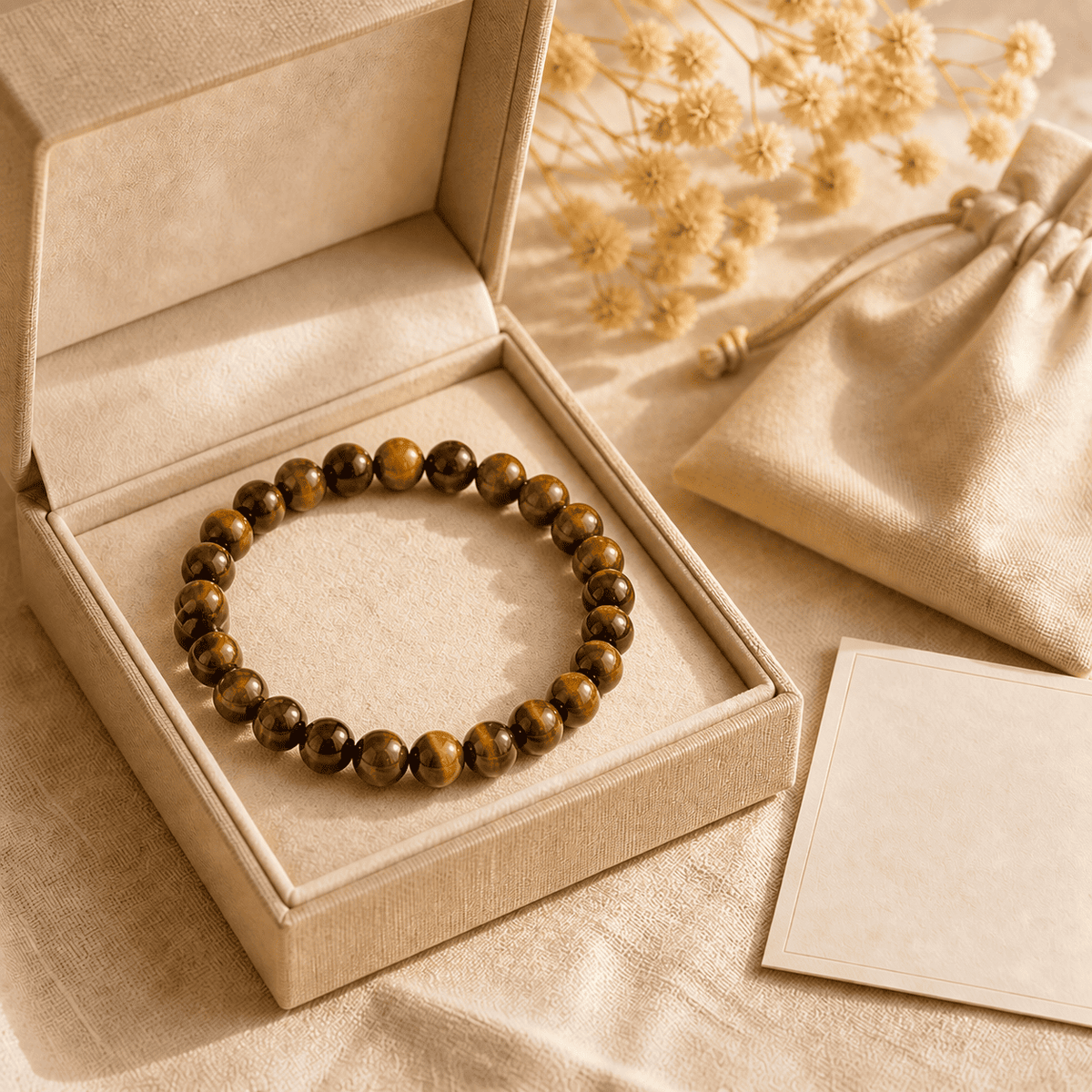 Mens tigereye bracelet presented in a beige jewelry gift box with a matching drawstring pouch