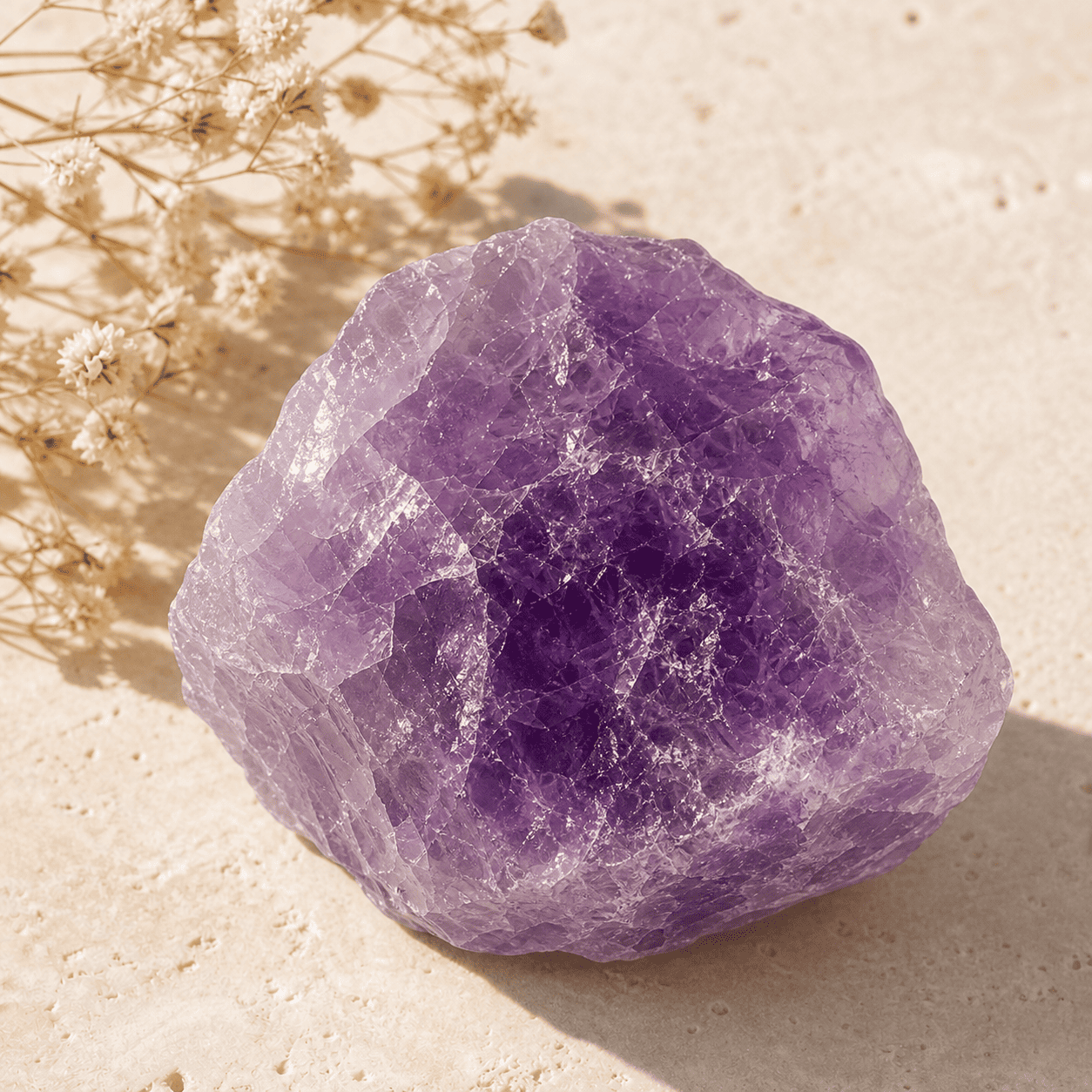 Raw purple amethyst crystal stone displayed in sunlight