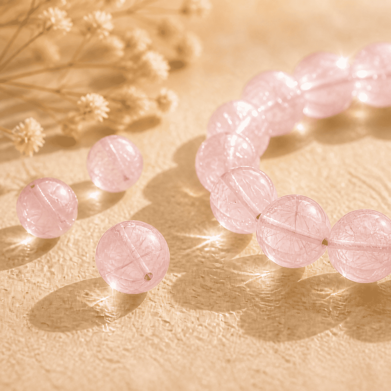 Natural crystal bracelet displayed with loose pink beads in warm sunlight