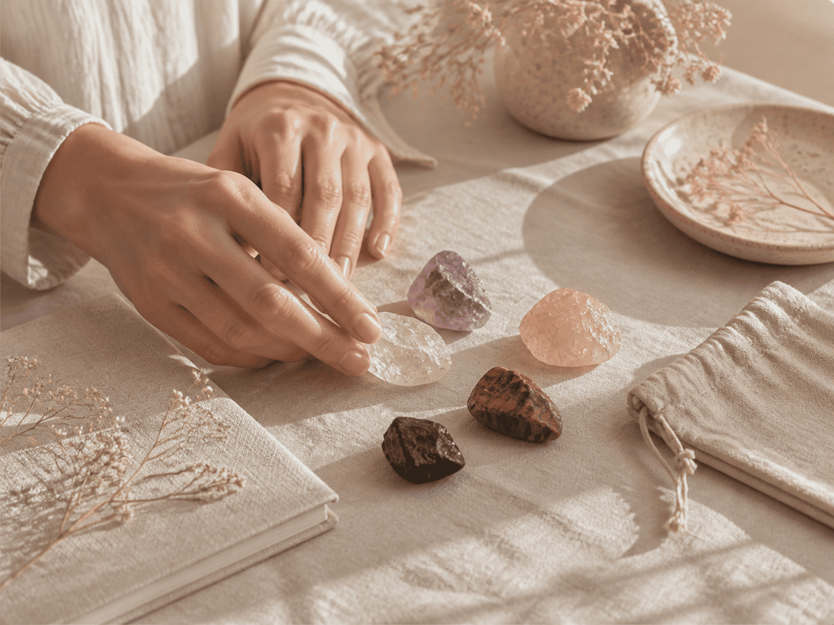 Hand selecting natural crystal stones including clear quartz, amethyst, rose quartz, tiger eye and black obsidian