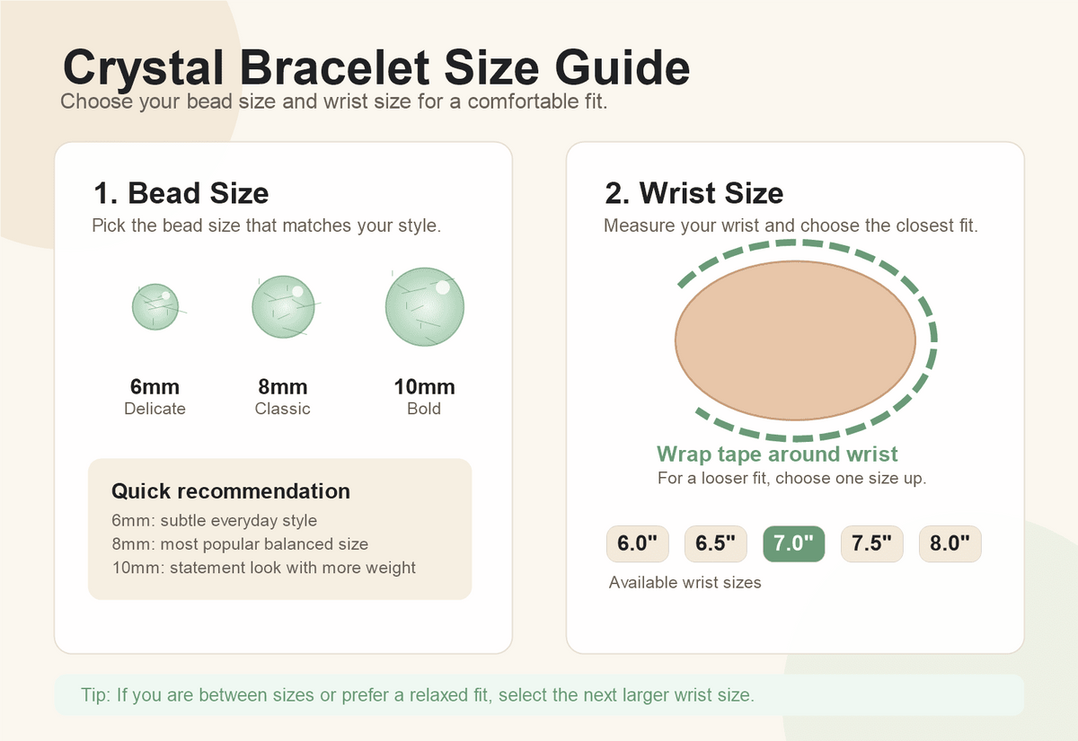 Natural crystals bracelet size guide showing bead sizes and wrist size options for a comfortable fit