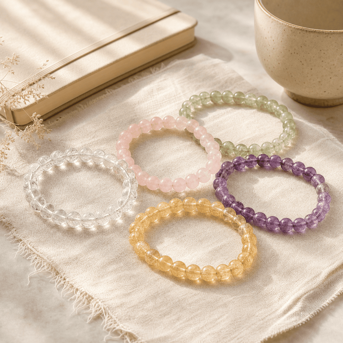 Colorful crystal bead bracelets arranged on fabric with a journal and ceramic cup